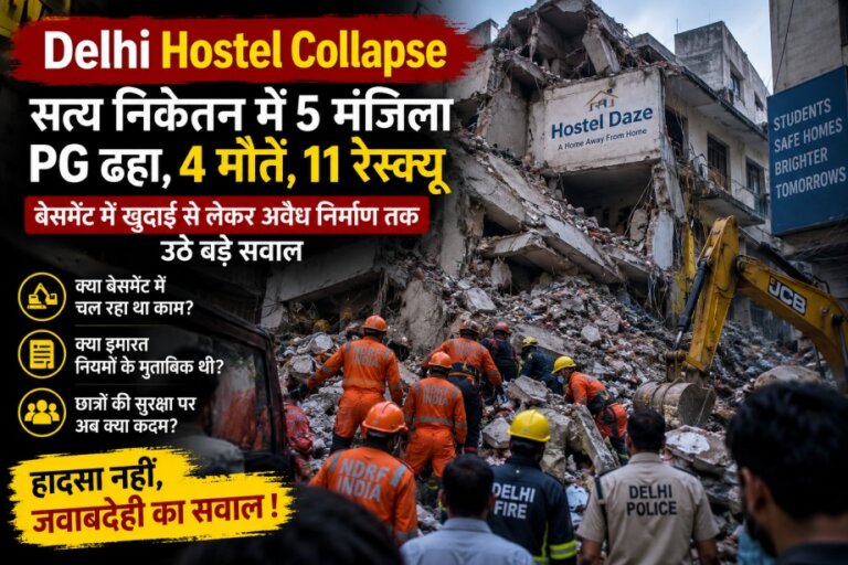Delhi Hostel Collapse: दिल्ली के सत्य निकेतन में 5 मंजिला PG ढहा, 4 मौतें और 11 रेस्क्यू; Basement में खुदाई से लेकर अवैध निर्माण तक बड़े सवाल
