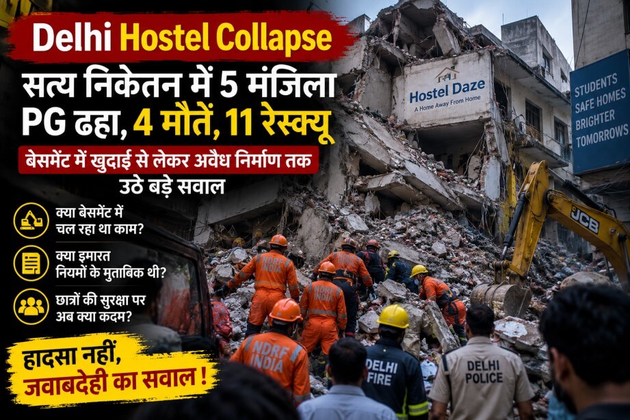 Delhi Hostel Collapse: दिल्ली के सत्य निकेतन में 5 मंजिला PG ढहा, 4 मौतें और 11 रेस्क्यू; Basement में खुदाई से लेकर अवैध निर्माण तक बड़े सवाल